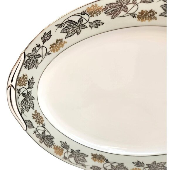Noritake China Silvine 5487 Large Serving Platter Green Gold Flowers Silver Trim - Picture 9 of 13